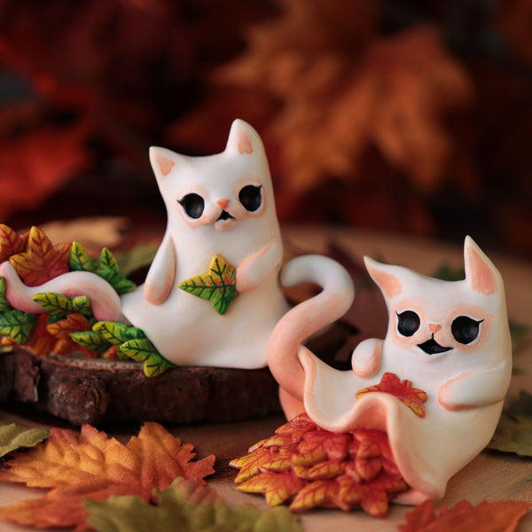 Autumn Leaves Kitty Ghost Figurine- Laying