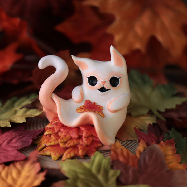 Autumn Leaves Kitty Ghost Figurine- Laying