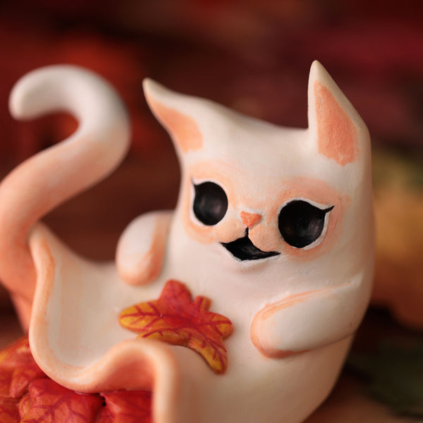 Autumn Leaves Kitty Ghost Figurine- Laying