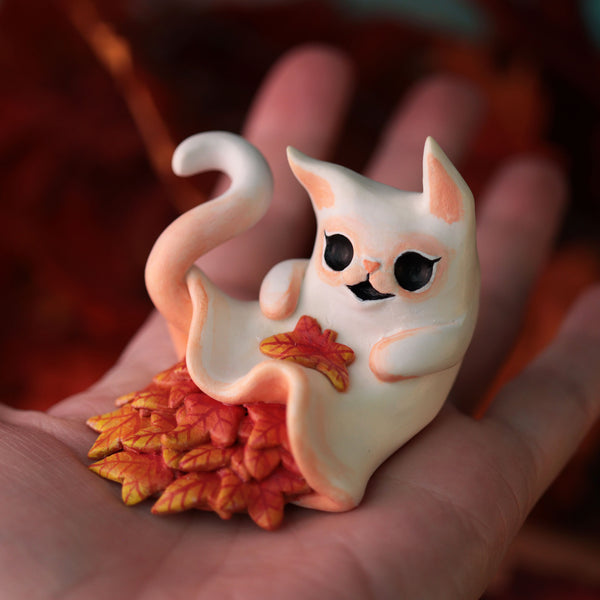 Autumn Leaves Kitty Ghost Figurine- Laying
