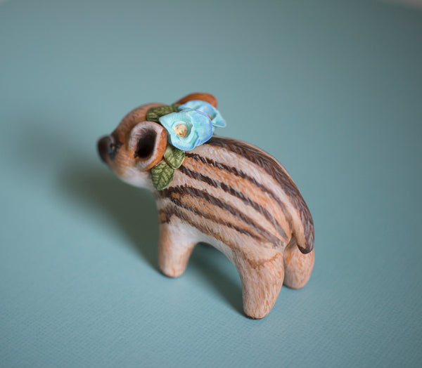 Blue Flower Piglet Figurine