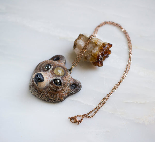 Golden Rutilated Bear Necklace