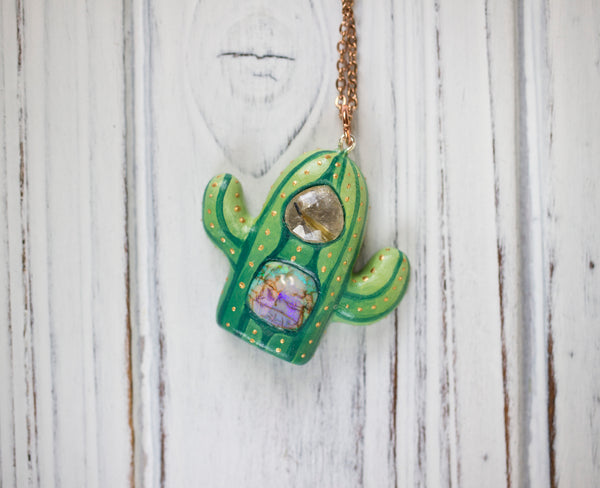 Golden Rutile Monarch Opal Cactus Necklace