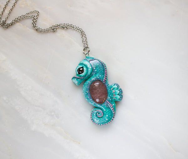 Cherry Quartz Seahorse Necklace