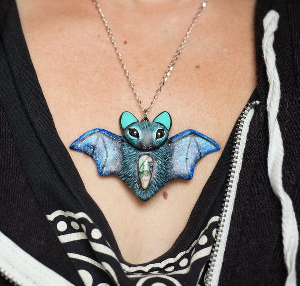 Blue Monarch Opal Bat Necklace