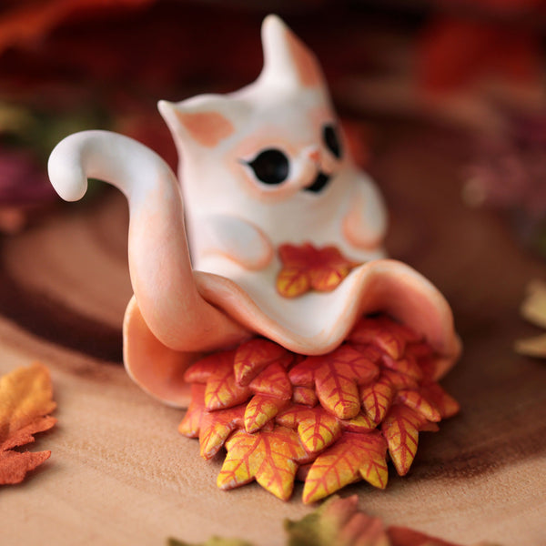 Autumn Leaves Kitty Ghost Figurine- Laying