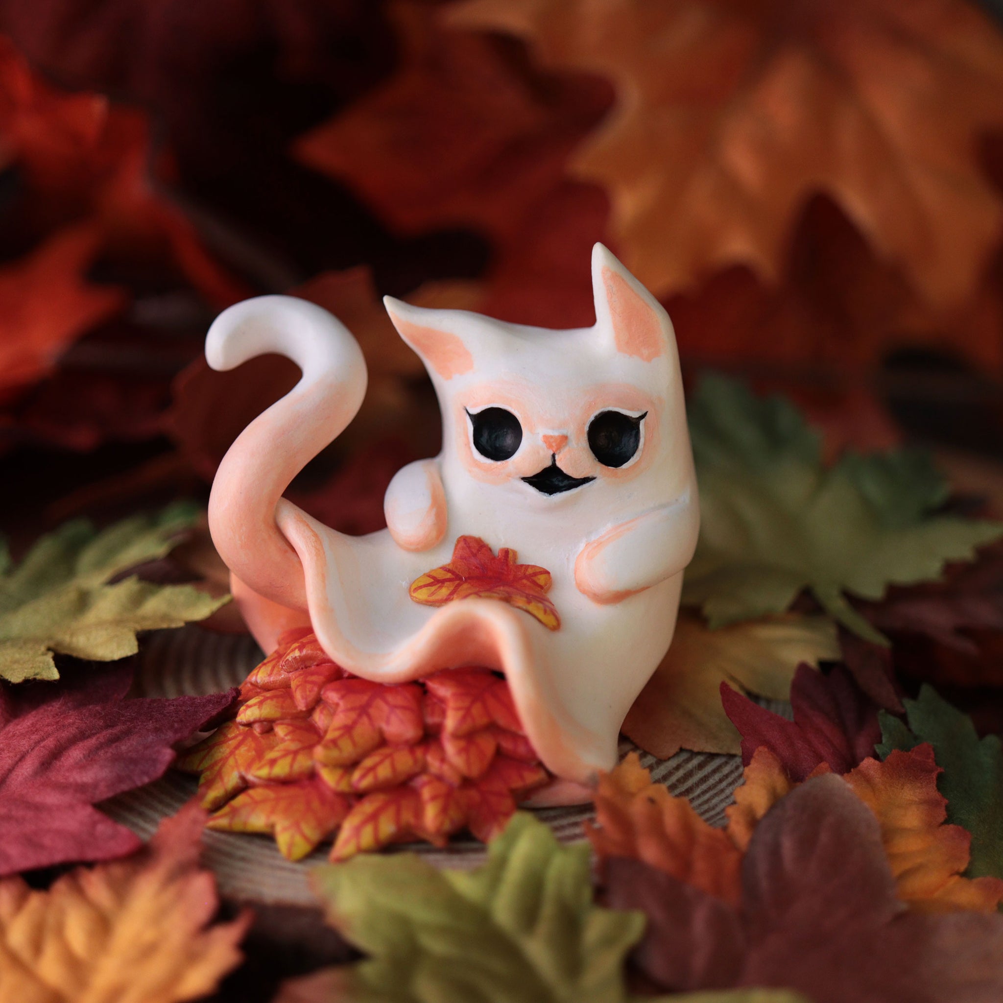 Autumn Leaves Kitty Ghost Figurine- Laying