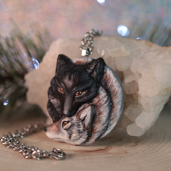 Double Wolf Medallion-Black and Gray Wolves
