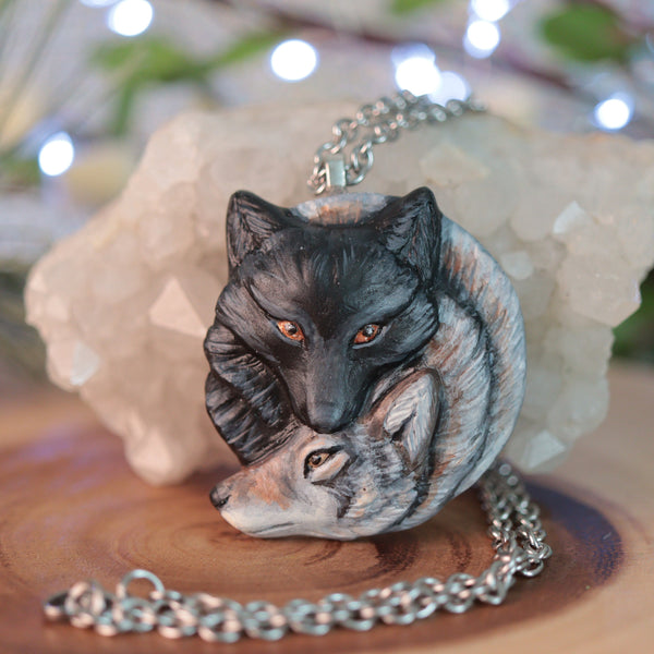 Double Wolf Medallion-Black and Gray Wolves