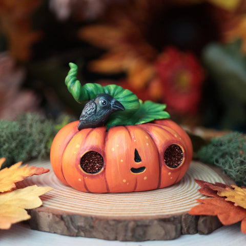 Preorder Large Jack O'lantern with Crow Figurine