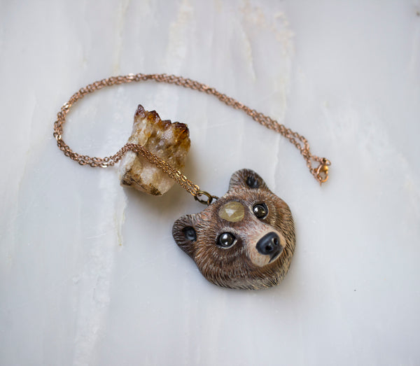 Golden Rutilated Bear Necklace