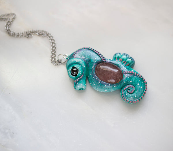 Cherry Quartz Seahorse Necklace