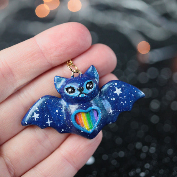 Rainbow Heart Bat Necklace