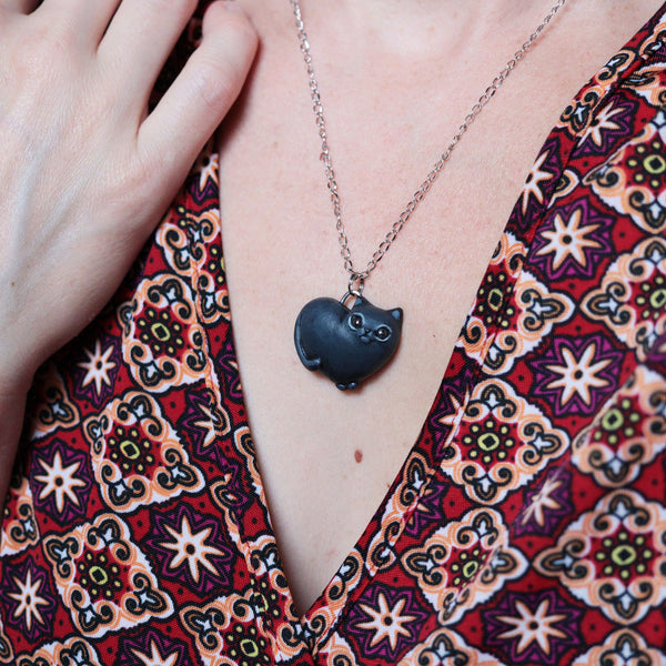 Black Heart Kitty Necklace